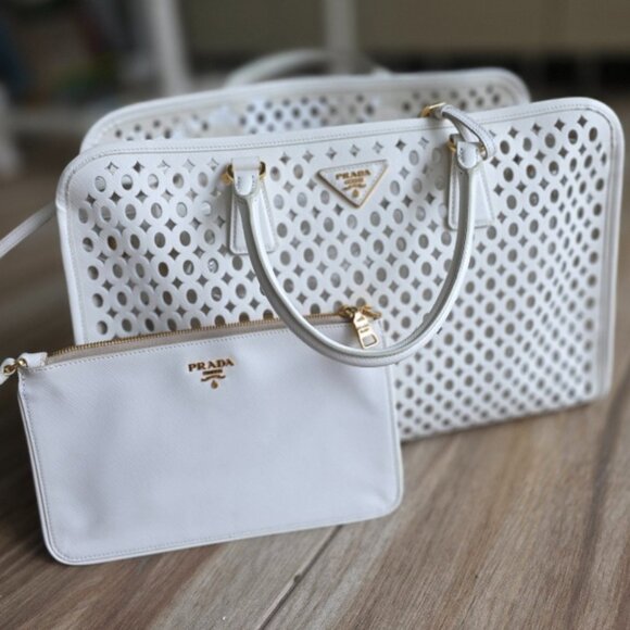 Prada  Perforated White Tote Top Handle Handbag - Picture 2 of 12